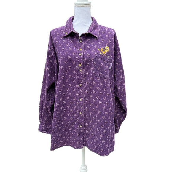 Looney Tunes Tops - Vintage Looney Tunes Women's Shirt Button‎ Up 2001 Corduroy Purple Tweety Bird